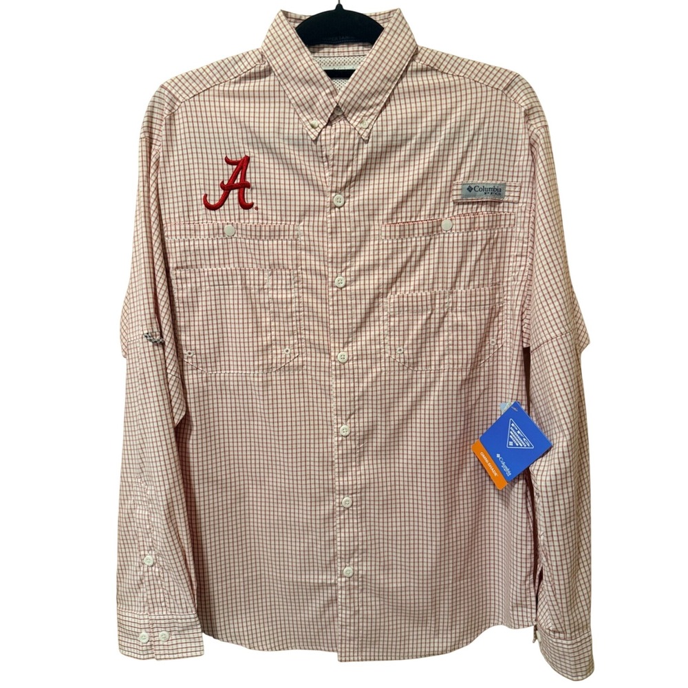 Columbia PFG Alabama Crimson Tide Super Tamiami LS Shirt Mens Small Red White